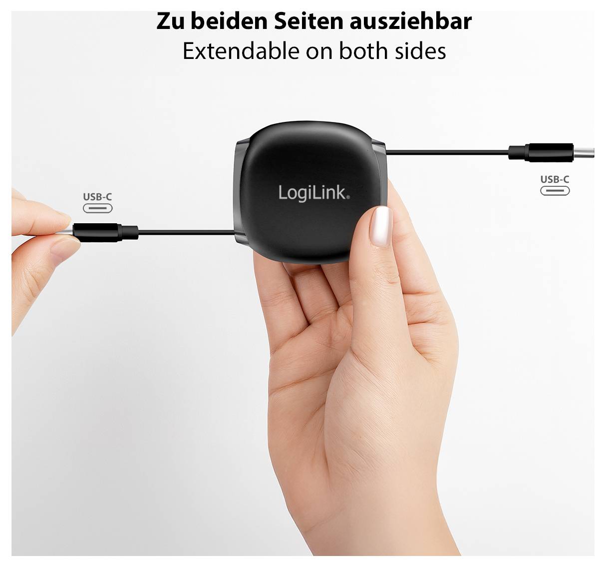 A hand holds a retractable LogiLink USB-C cable with text 'Extendable on both sides'.
