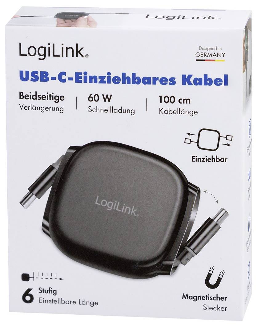 'LogiLink USB-C retractable cable' packaging. Highlights: dual extension, 60W fast charging, 100cm length, magnetic plug, 6 adjustable lengths. Designed in Germany.
