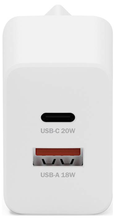 A white wall charger with USB-C port labeled 'USB-C 20W' and USB-A port labeled 'USB-A 18W'.