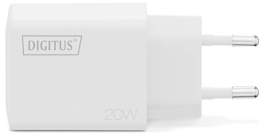 A white 20W USB charger with the brand name 'Digitus' printed on it. It features two metal prongs for European sockets.