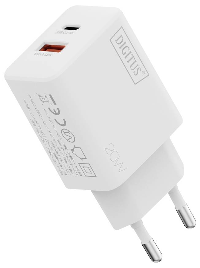 A white USB wall charger with EU plug, featuring one USB-C and one USB-A port. The charger is marked '20W' on its casing.