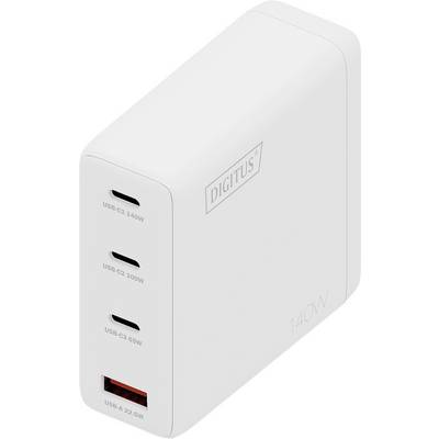 A white charging device labeled 'DIGITUS 140W' features three USB-C ports and one USB-A port with various wattage outputs.