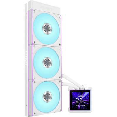 A white computer cooling system with three blue-lit fans and a digital display showing 'WATER 26°C' and fan speed in RPM.