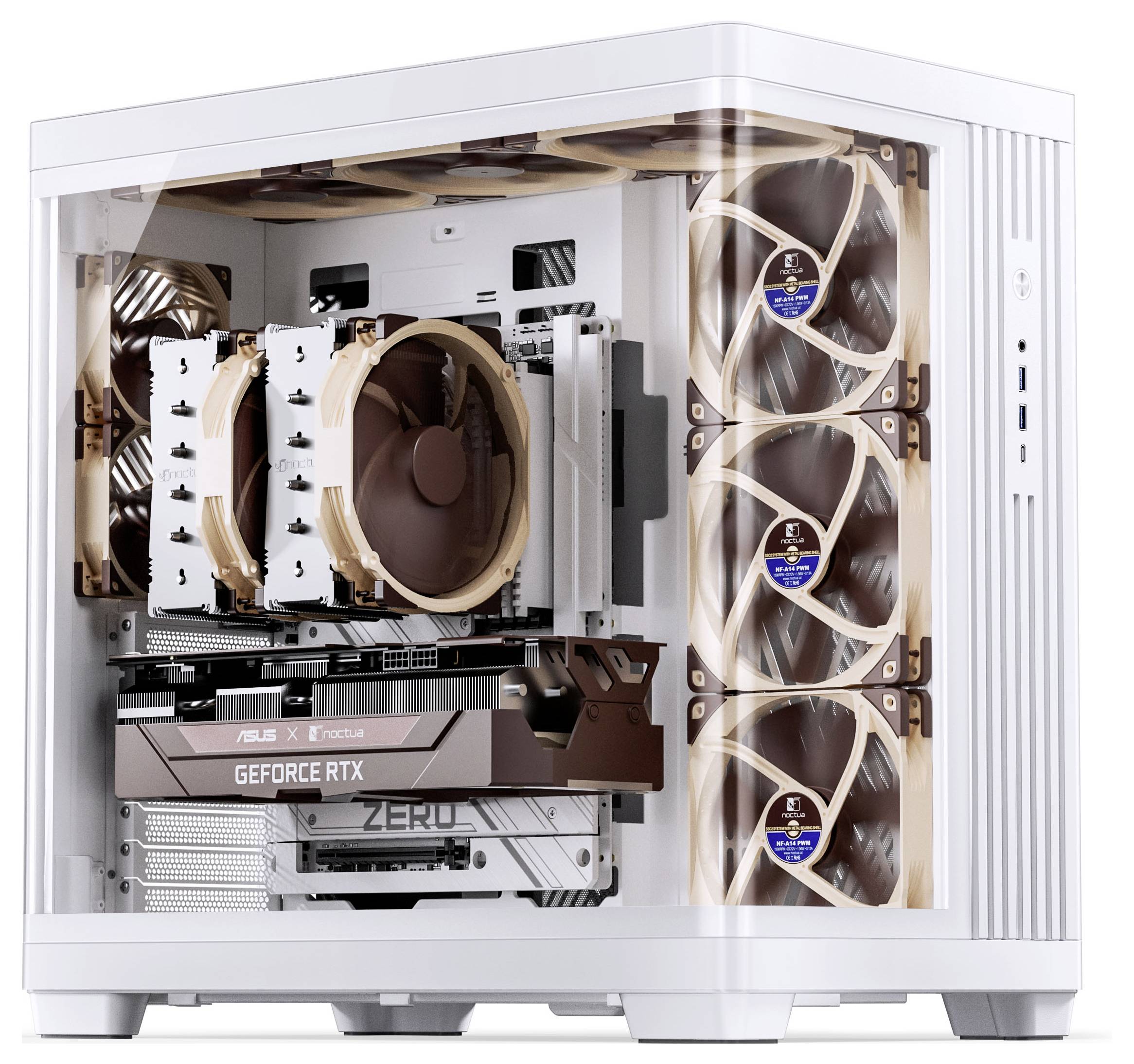 A white gaming PC case with transparent side panel showing six cooling fans, a large CPU cooler, and an RTX graphics card.
