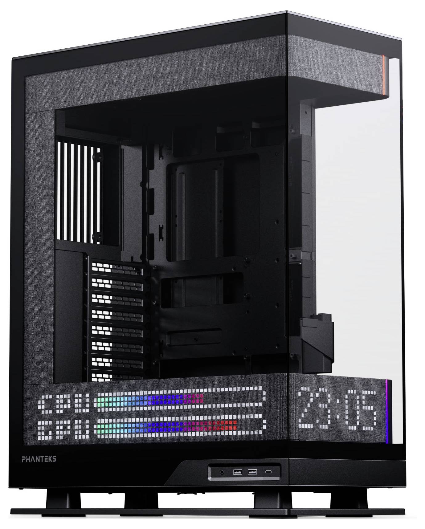 Transparent computer case displaying digital time '23:05' and day 'SEP'. Black exterior with visible interior compartments and ports.