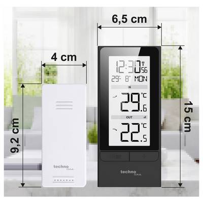 Product comparison image showing a white sensor unit and a black digital weather station, with size labels: 4 cm wide, 9.2 cm tall, 6.5 cm wide, and 15 cm tall.