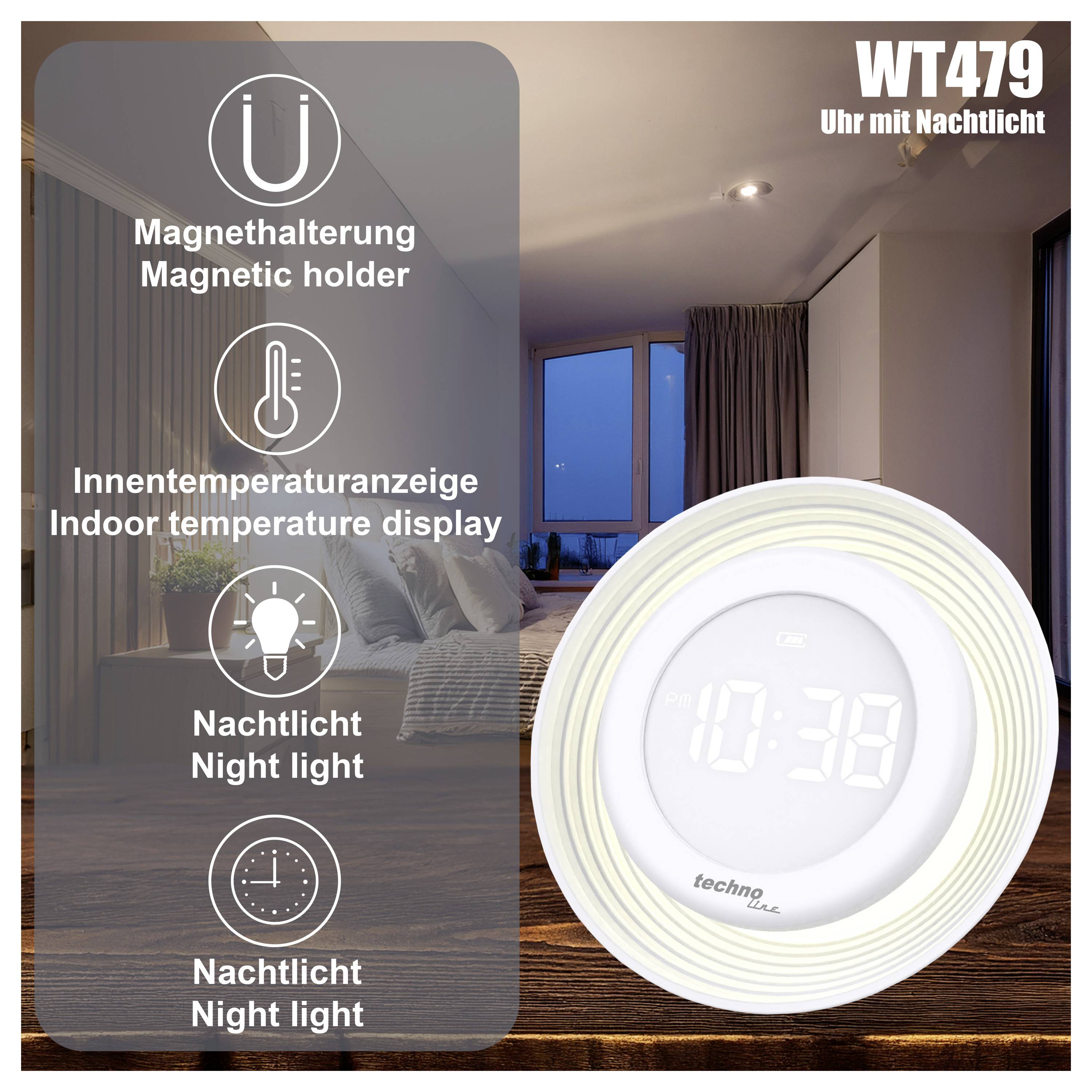 Promotional image of a round digital clock/night light with magnetic holder and indoor temperature display, labeled WT479.