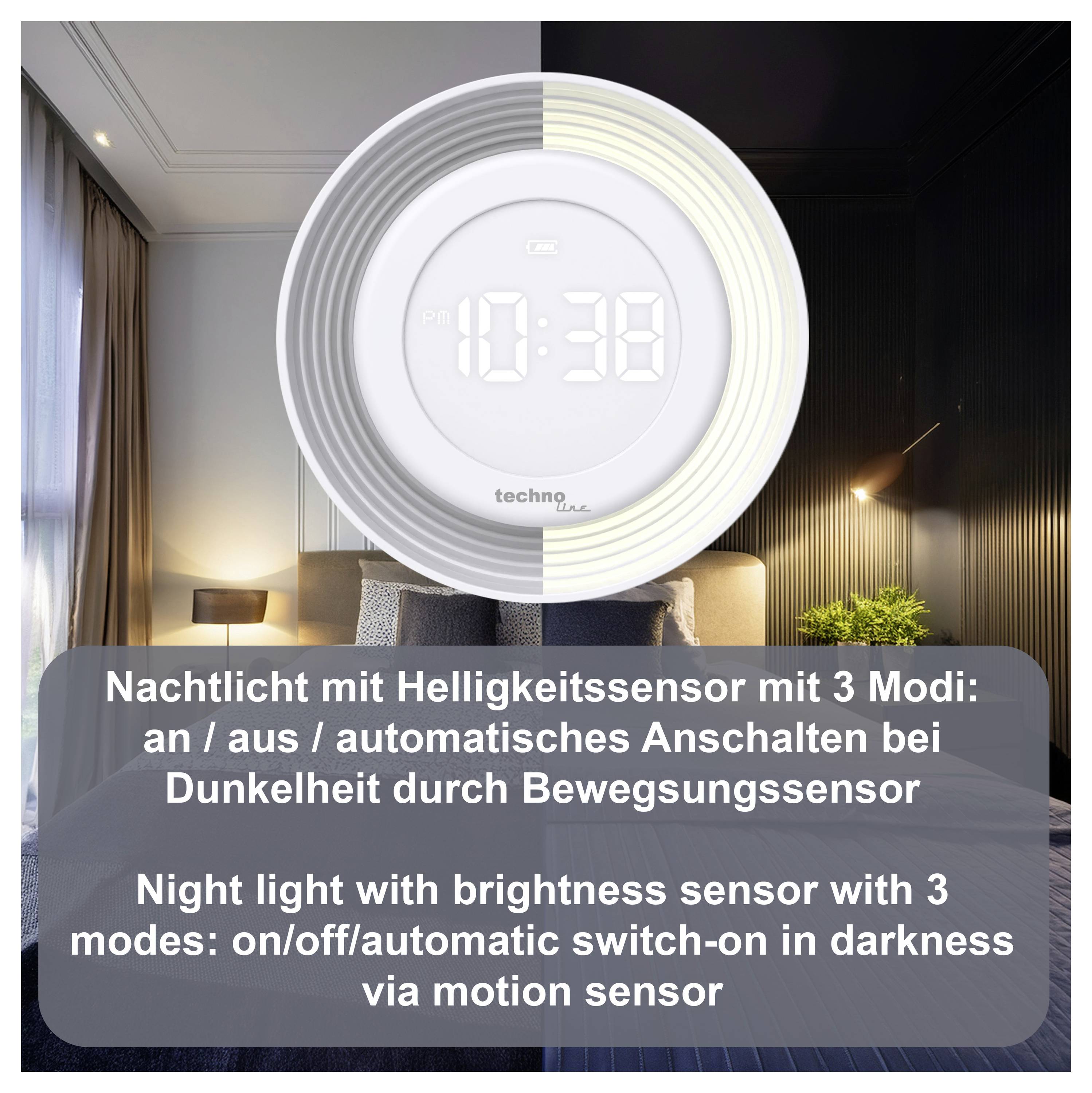 Round night light with digital clock display in a bedroom, promoting a brightness sensor and 3 modes: on/off/automatic motion-activated switching.