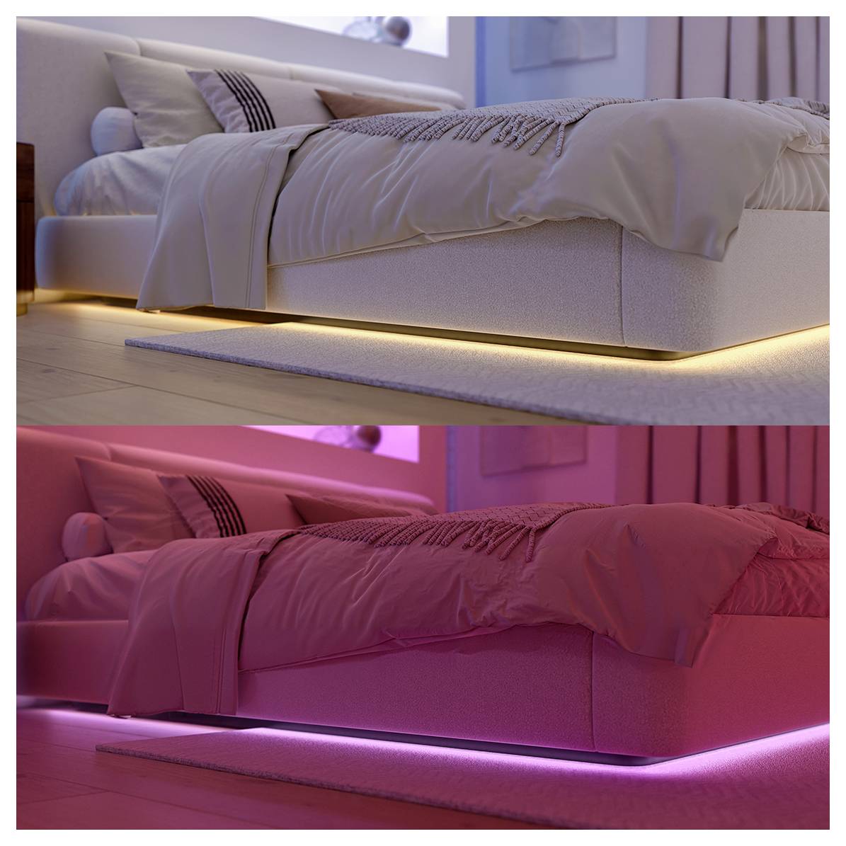 A modern bedroom featuring a bed with underlighting that changes from warm yellow to pink, creating a stylish and cozy ambiance.
