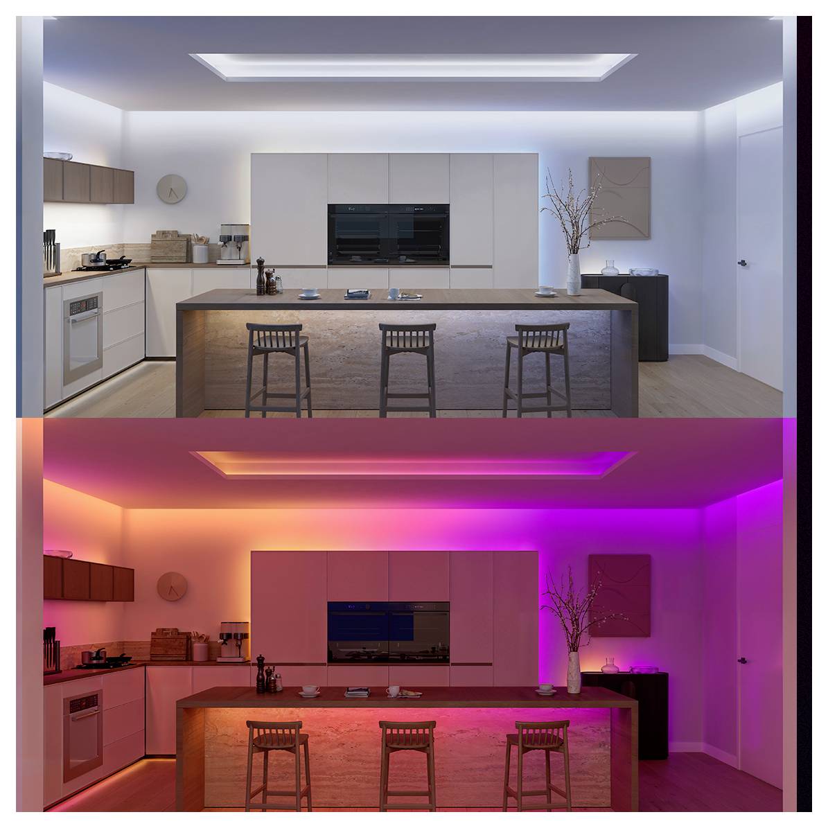 'Two photos of the same modern kitchen, one with natural lighting and the other showing vibrant purple and orange mood lighting.'