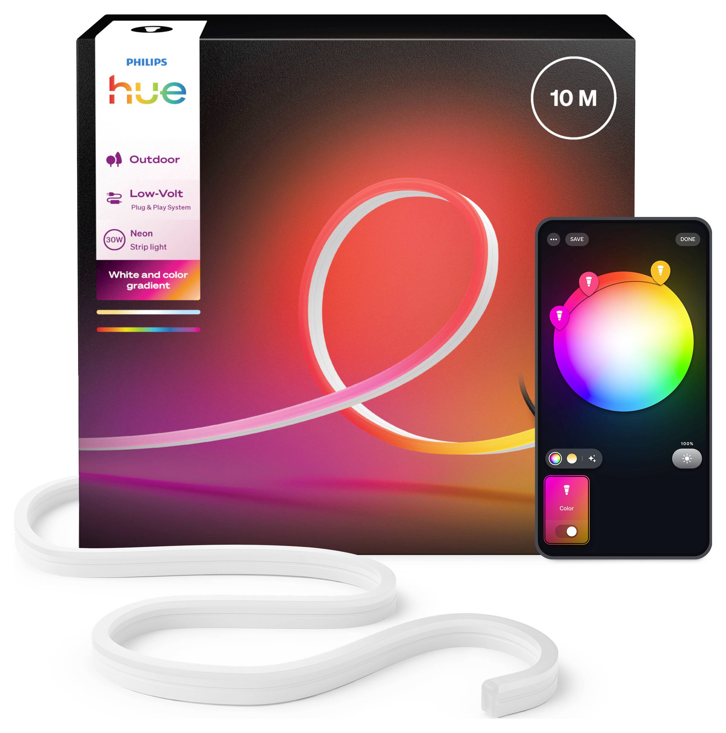 Philips Hue Outdoor Lightstrip on colorful display with smartphone app showing color wheel for customizing light settings, 10m length.