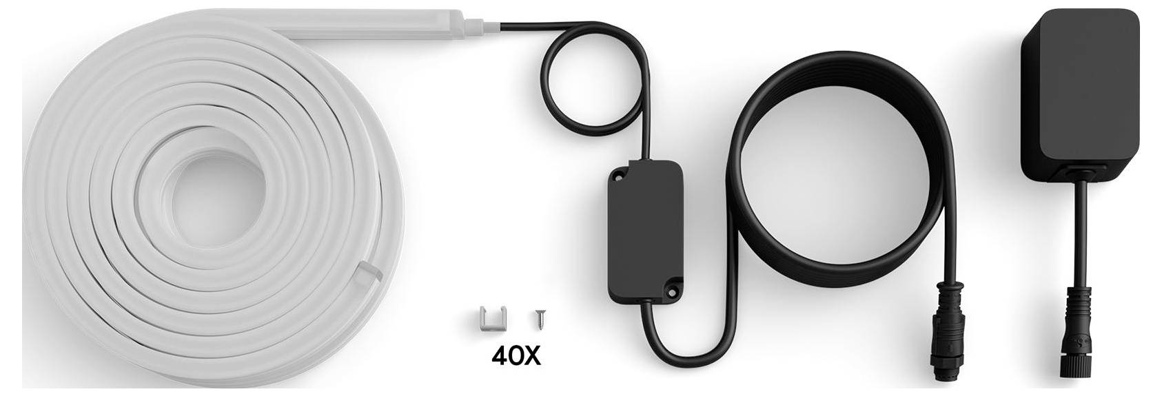 Cable accessories including a coiled cable, connector, looped cord, and power adapter, used for organizing and connecting devices.