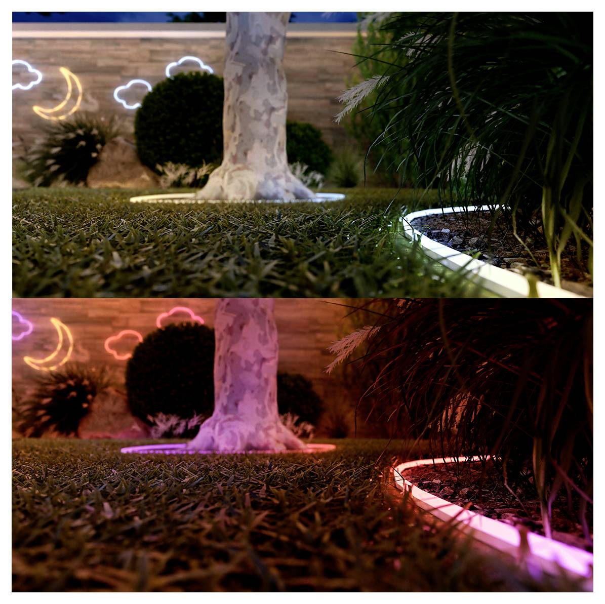 Two garden scenes: both show a tree trunk with grass and shrubs, illuminated by neon lights. Upper scene has blue tones; lower scene has pink.