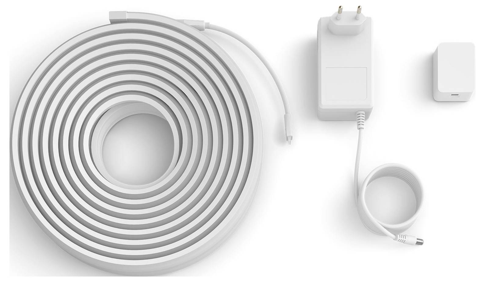'A coiled white LED strip light with a power adapter and connector ring on a white background.'