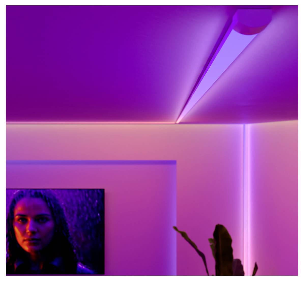 A room with purple lighting, a sleek ceiling light, and a wall-mounted TV displaying a woman's face, creating a modern ambiance.