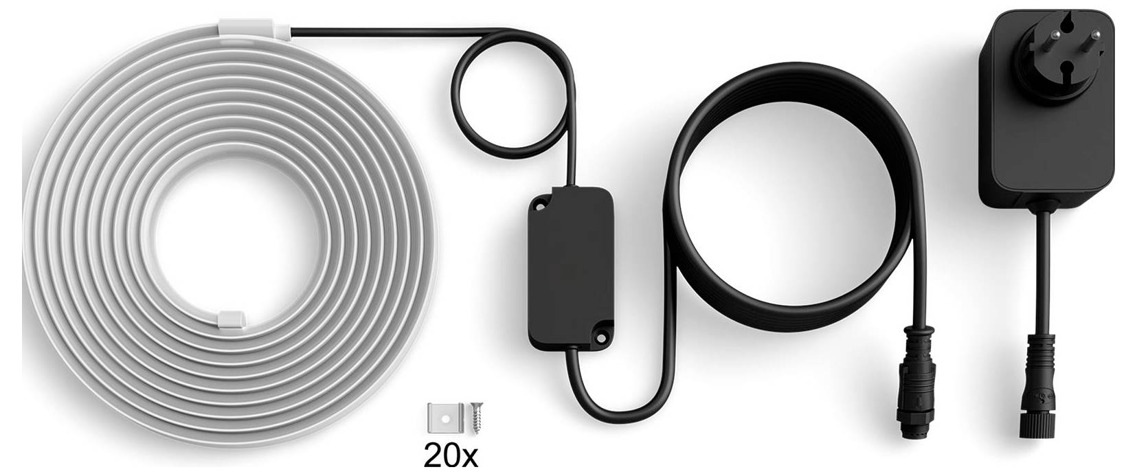 'A coiled cable, a black connector, a looped strap, a power adapter, and 20 small clips, viewed from above.'