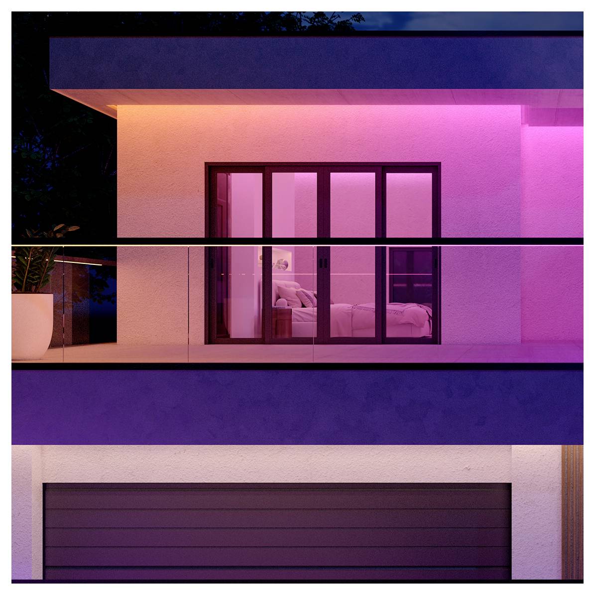 A modern two-story house exterior at night with pink lights illuminating the upper balcony and windows, creating a warm ambiance.