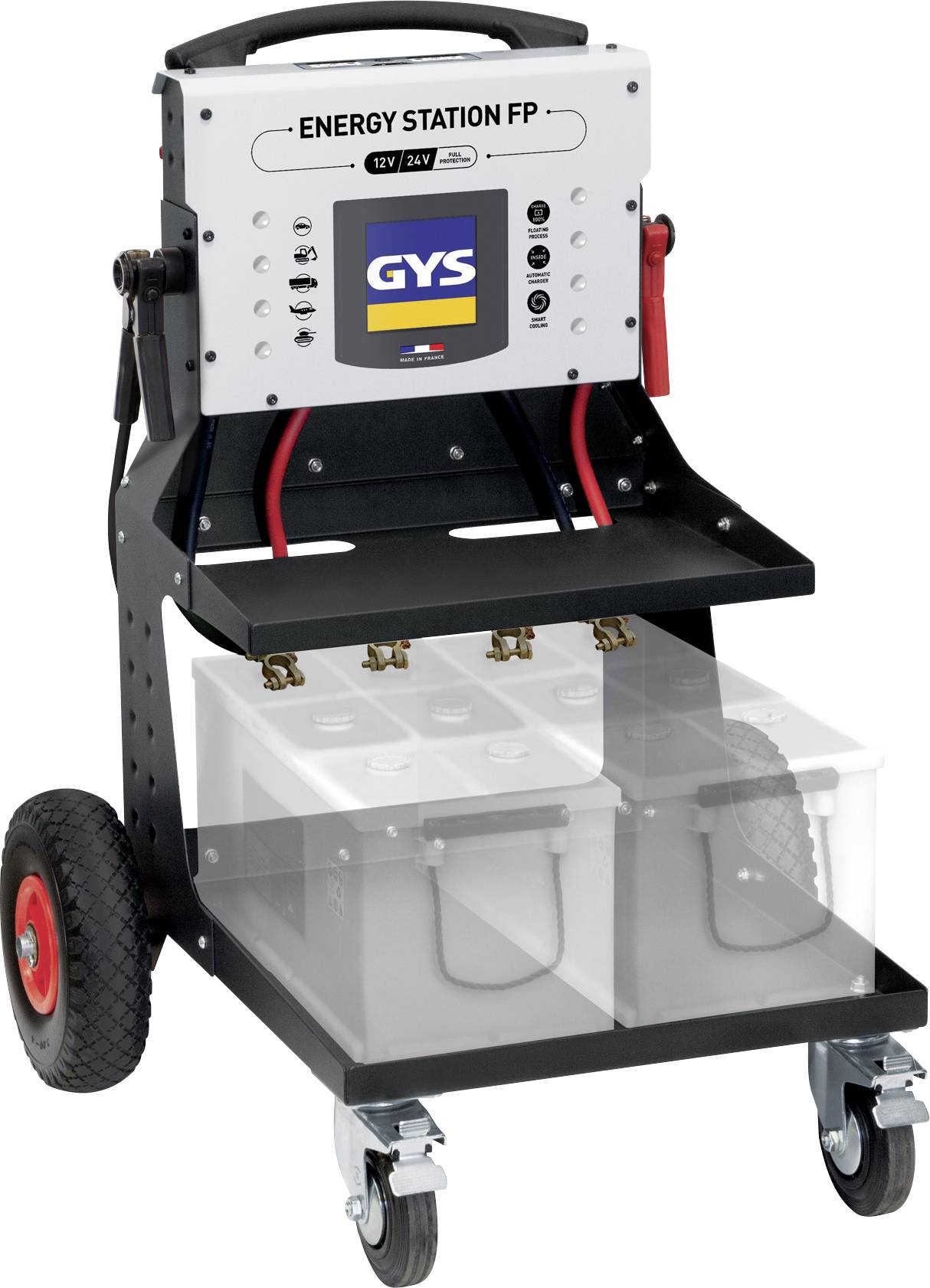 Mobile battery charging station with a digital display on top, large wheels for easy transport, and compartments for multiple batteries.