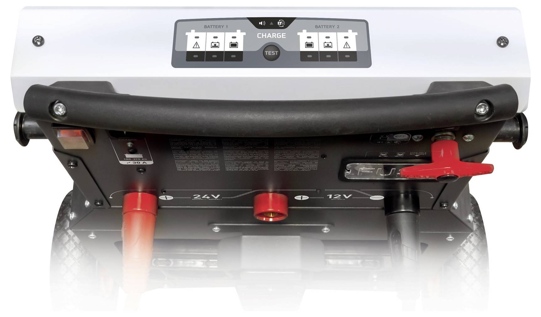 'Charge' control panel with status indicators and connection ports for 24V and 12V power sources, including emergency stop button.