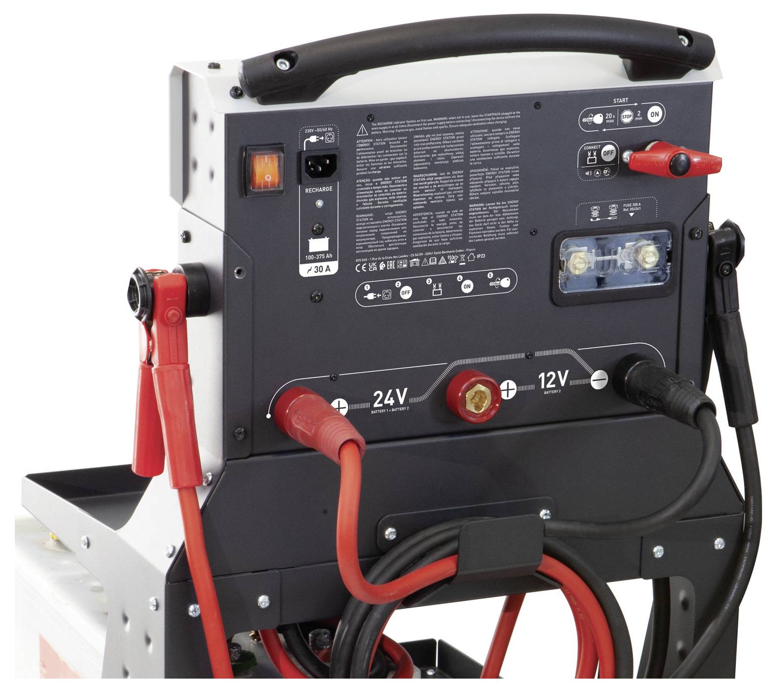 A power pack with cables and switches, featuring 24V and 12V output options.