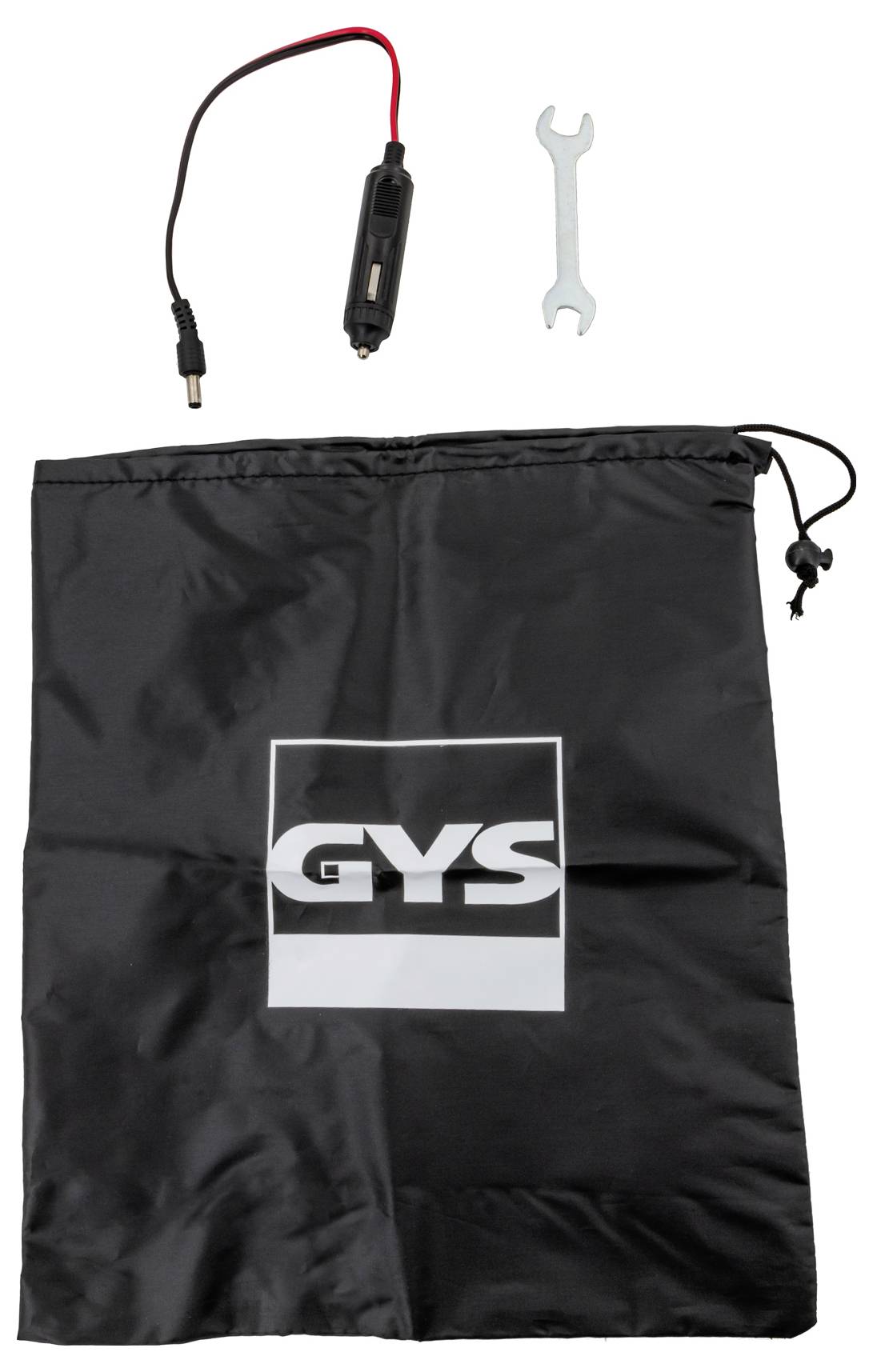 A black drawstring bag with 'GYS' logo, a spanner, and a car charger adapter with red and black wires.