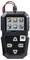 A digital battery tester with a screen displaying icons for various tests: car, cranking test, charging test, motorcycle, review, and setup.