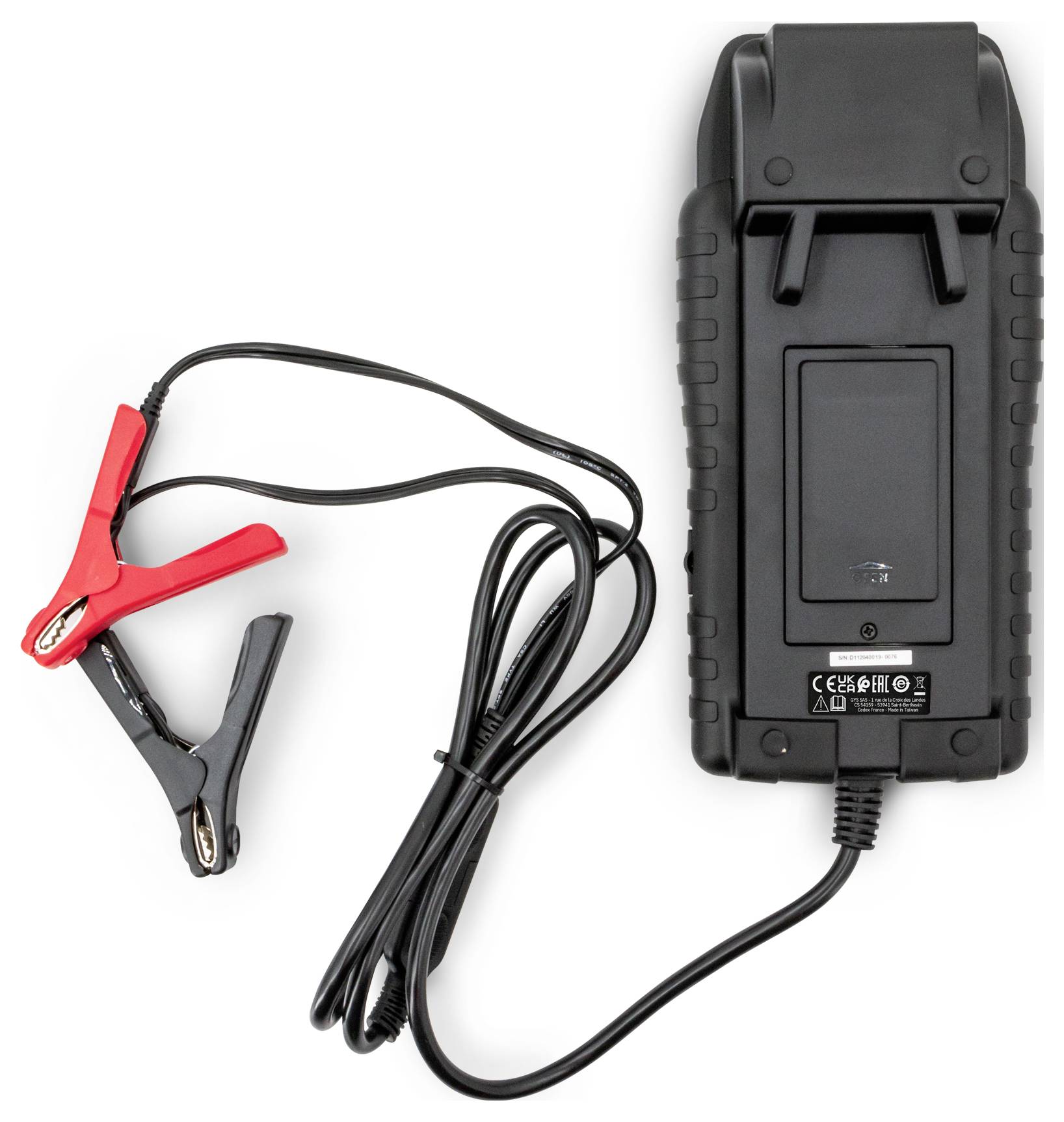 A portable battery charger with red and black clamp connectors, used for charging car batteries, shown on a white background.