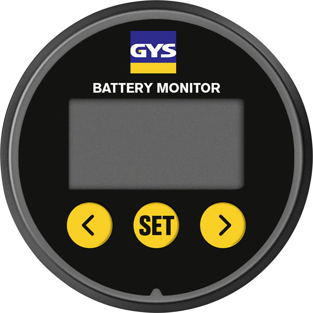 Round battery monitor display with 'GYS' logo, digital screen, and three yellow buttons labeled with arrows and 'SET'.