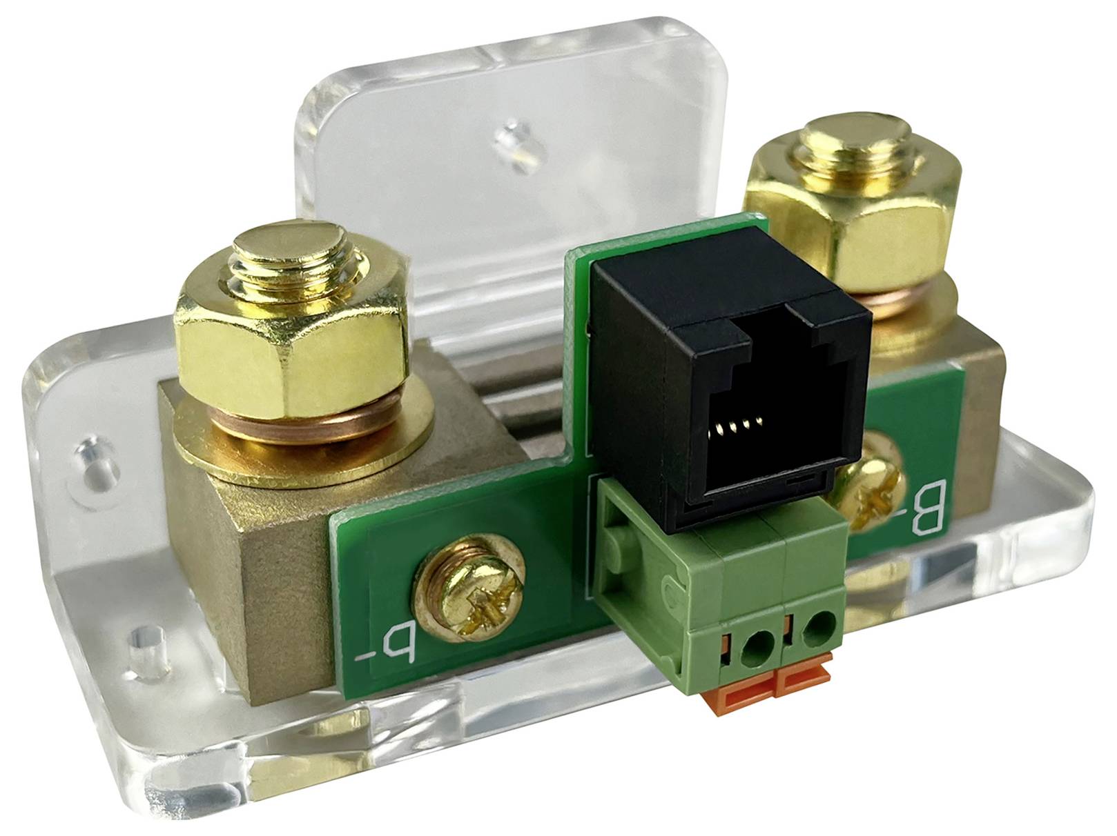 A close-up of an electrical connector, featuring two large metal terminals and a central green and black modular jack mounted on a clear base.
