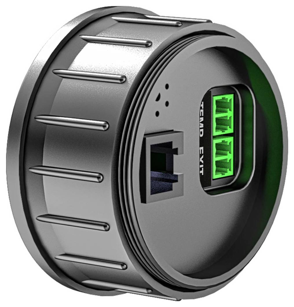 A cylindrical black device with multiple ports, including three green terminal blocks and a single black Ethernet port.