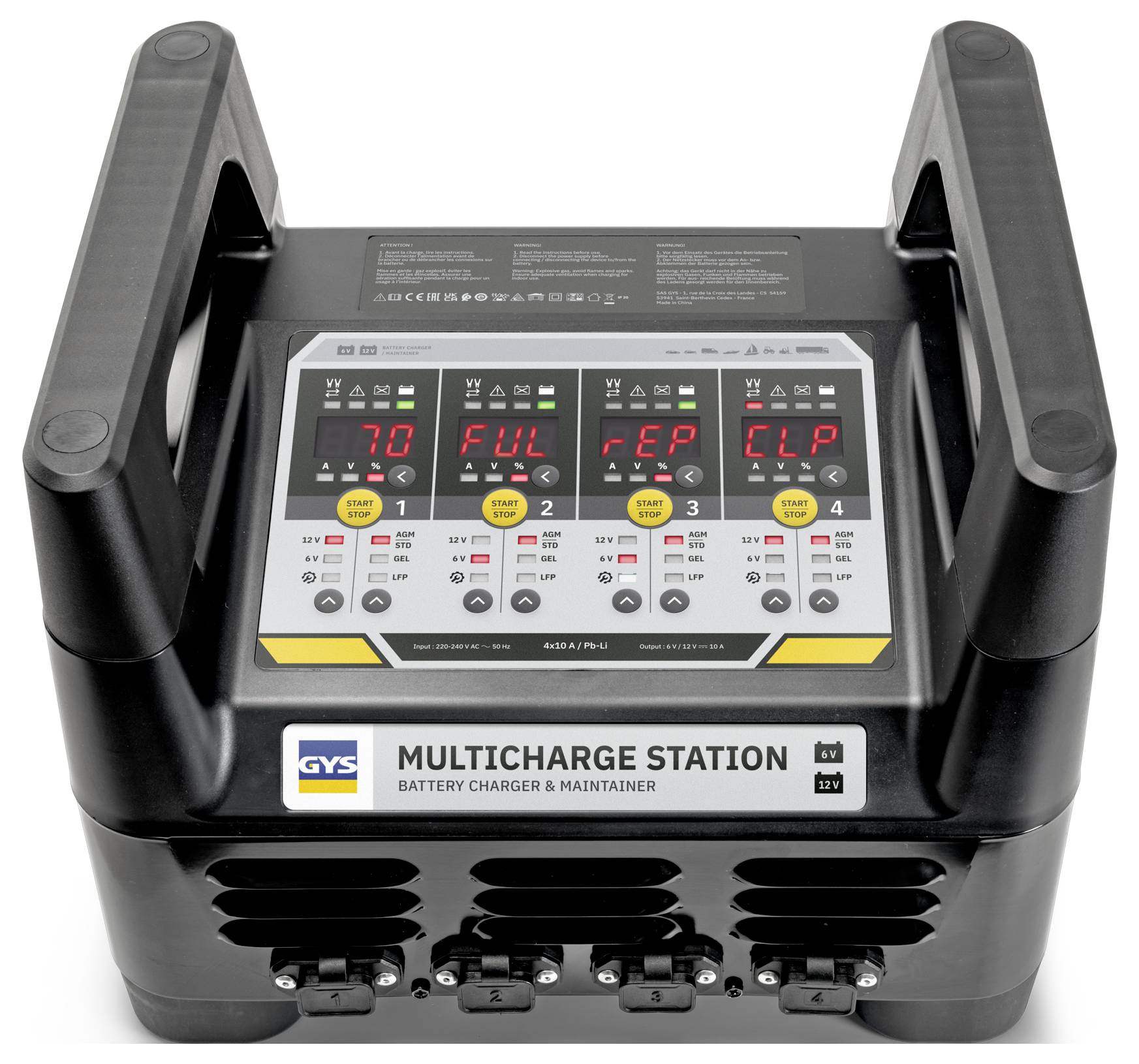 A 'MULTICHARGE STATION' device with digital displays showing battery statuses: '70', 'FUL', 'rEP', 'CLP'. Equipped with 12V options.