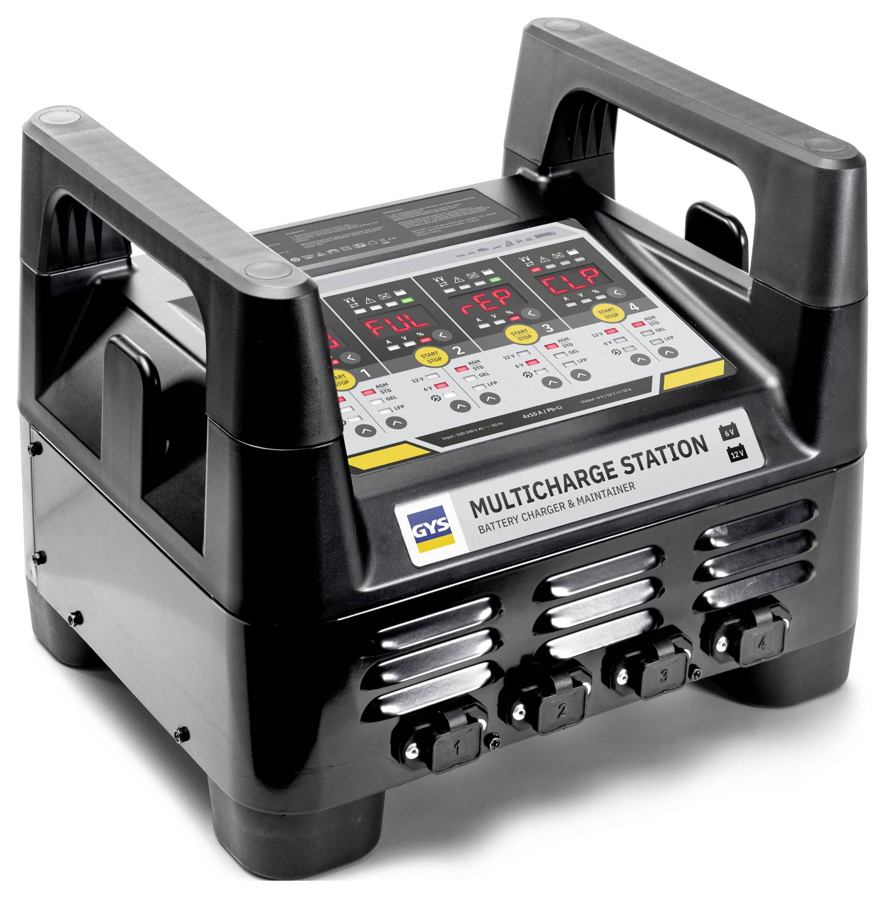 A black multi-charge station battery charger with labeled controls and indicators on top, featuring four individual charging ports.