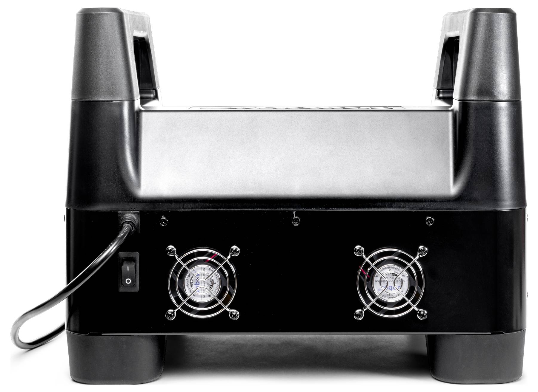 The image shows the rear part of a black electronic device with two cooling fans, a power switch, and a power cord.