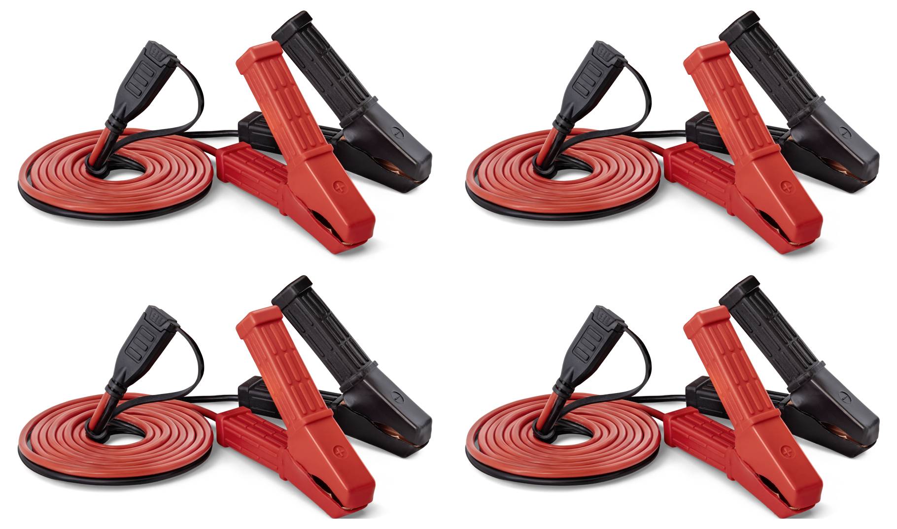Four sets of red and black jumper cables arranged in two rows and two columns, each set coiled neatly with clamps visible.