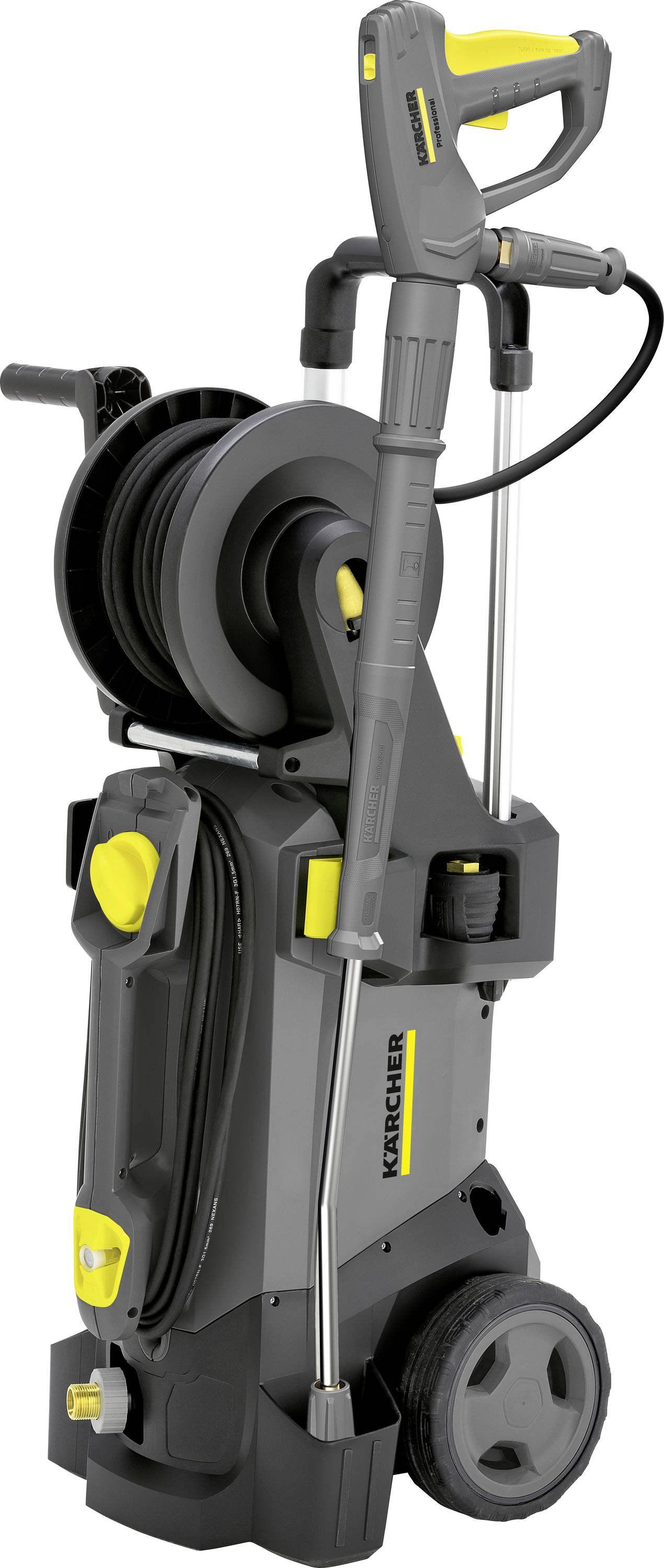 A gray and yellow pressure washer in a vertical position with a hose reel.