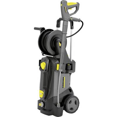 A gray and yellow pressure washer in a vertical position with a hose reel.