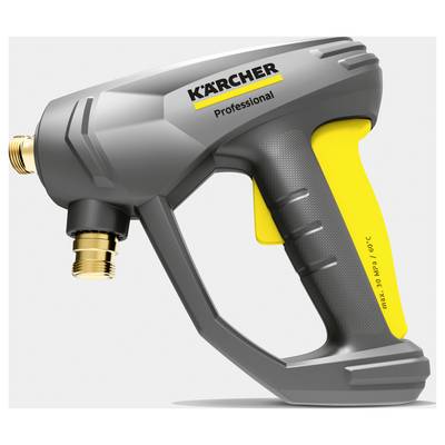 'Kärcher Professional' pressure washer trigger gun with a gray body, yellow accents, ergonomic grip, and brass connectors.