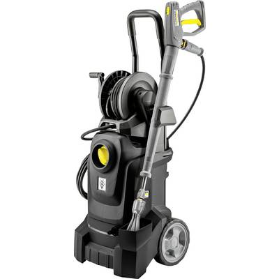 A black and yellow pressure washer with large wheels, a hose reel, and a spray gun attached, designed for outdoor cleaning tasks.