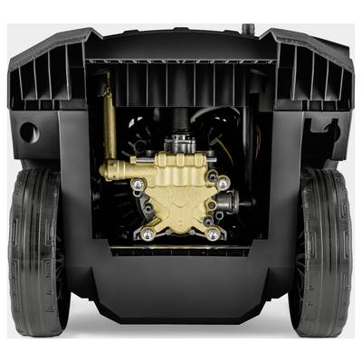 A close-up of a pressure washer's internal mechanism, showcasing its brass pump and surrounding components within a black casing.