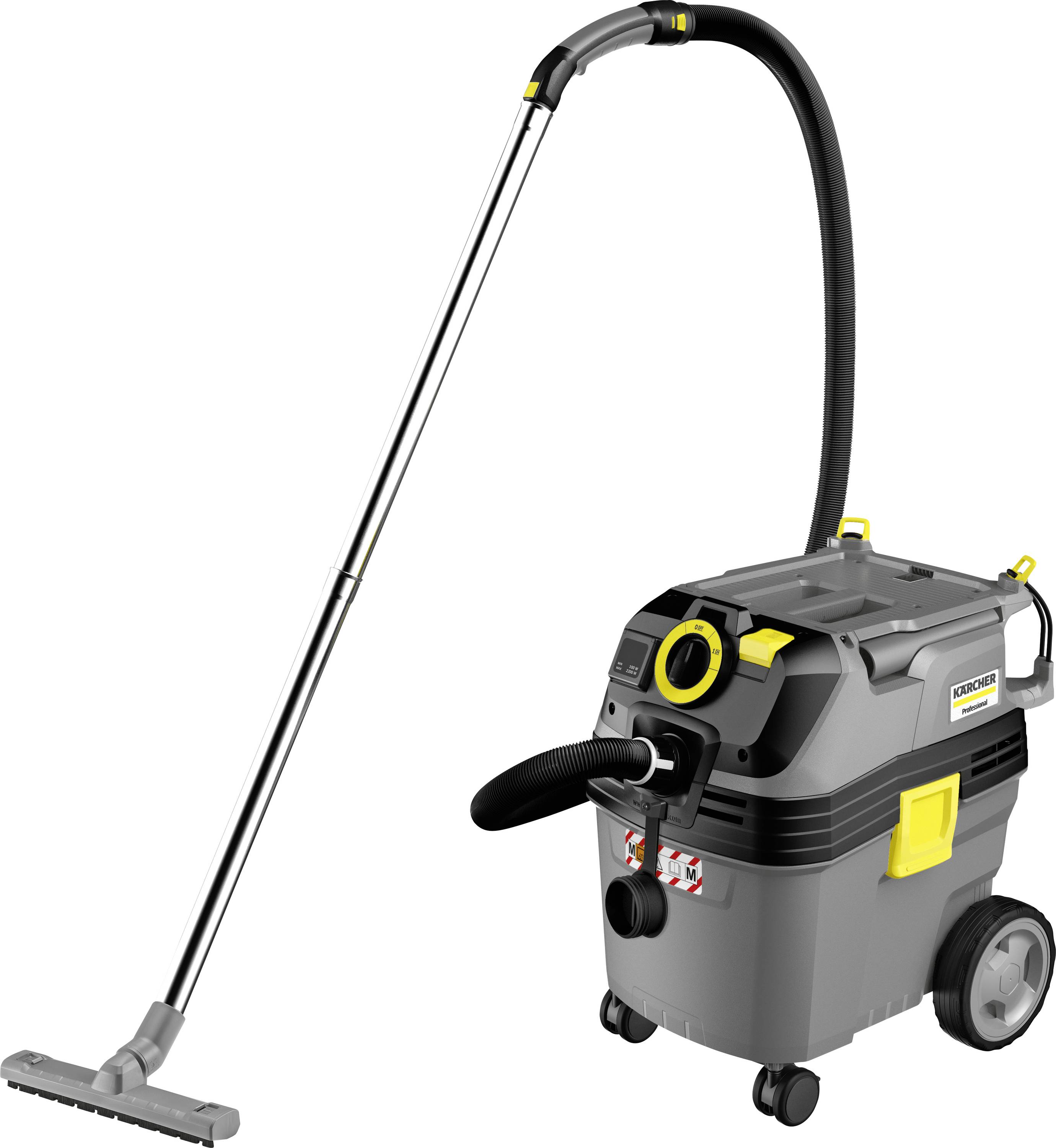 'Industrial vacuum cleaner with a long hose and silver extension tube, designed for heavy-duty cleaning, enhanced mobility with wheels.'