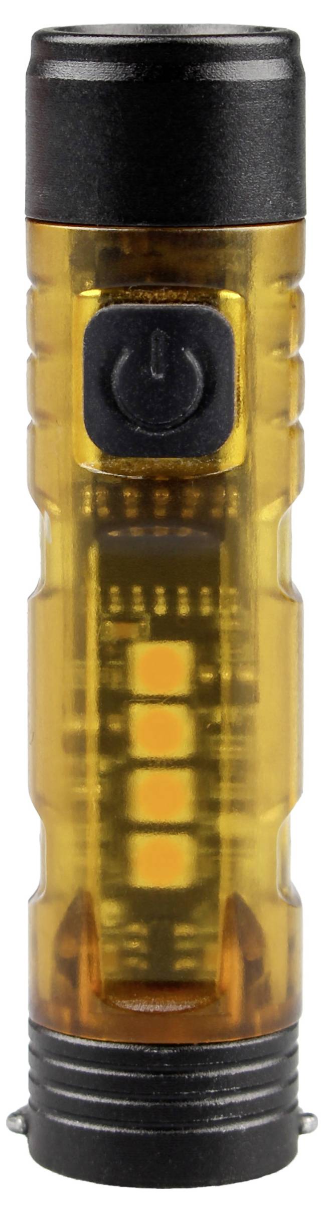 A transparent yellow flashlight with a black power button on the side, showing internal components.