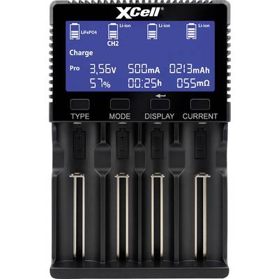 'XCell' battery charger screen showing charge details: 3.56V, 57% charged, 500mA current, 213mAh capacity, 25 minutes remaining, 55mΩ resistance.