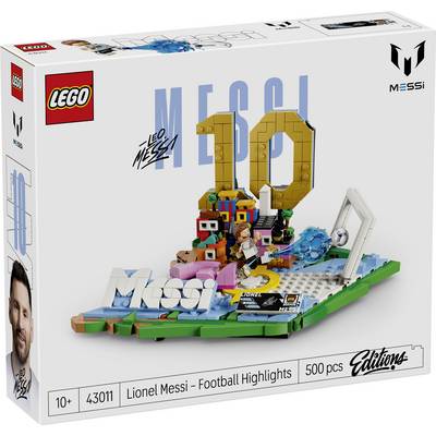 LEGO Messi Football Highlights set box, 500 pieces, showing a Lionel Messi-themed diorama with a gold '10' and Messi minifigure artwork.<br>