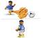 Two LEGO-style soccer player figures, one kicking a glowing orange ball toward a white ball, with another figure standing below wearing a 'MBAPPE 10' jersey.