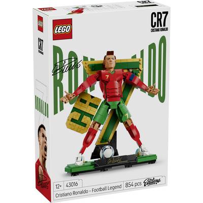 LEGO Icons Cristiano Ronaldo Football Legend set box, showing a brick-built Ronaldo pose with 'CR7' and '43016', 854 pieces.