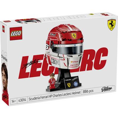 LEGO set for building a Scuderia Ferrari HP Charles Leclerc Helmet, featuring 886 pieces and suitable for ages 14 and up.