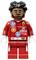 A LEGO minifigure in a red racing suit with sponsor logos, including 'HP', 'IBM', 'Shell', 'UniCredit', holding a Ferrari emblem.