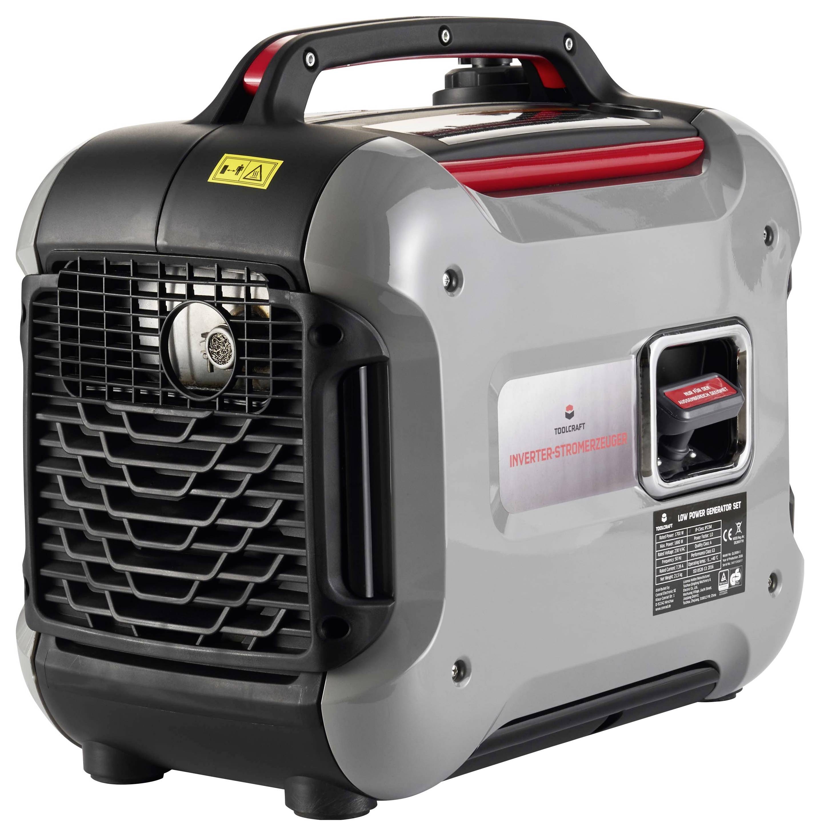 Portable inverter generator with handle, black-and-gray casing, front vent, and control panel on the side.