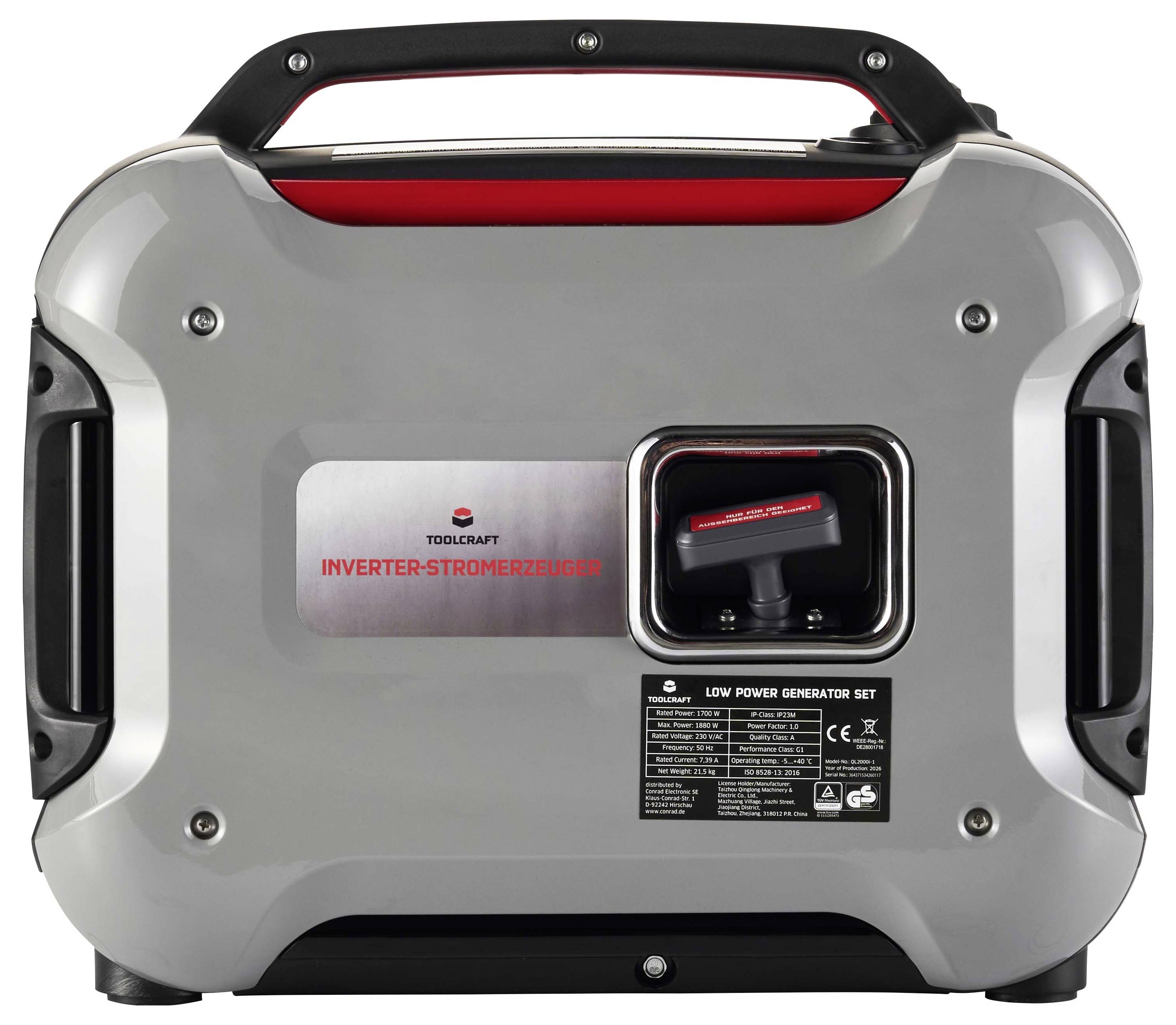Portable inverter generator with handle and side grips, shown from the front against a white background.