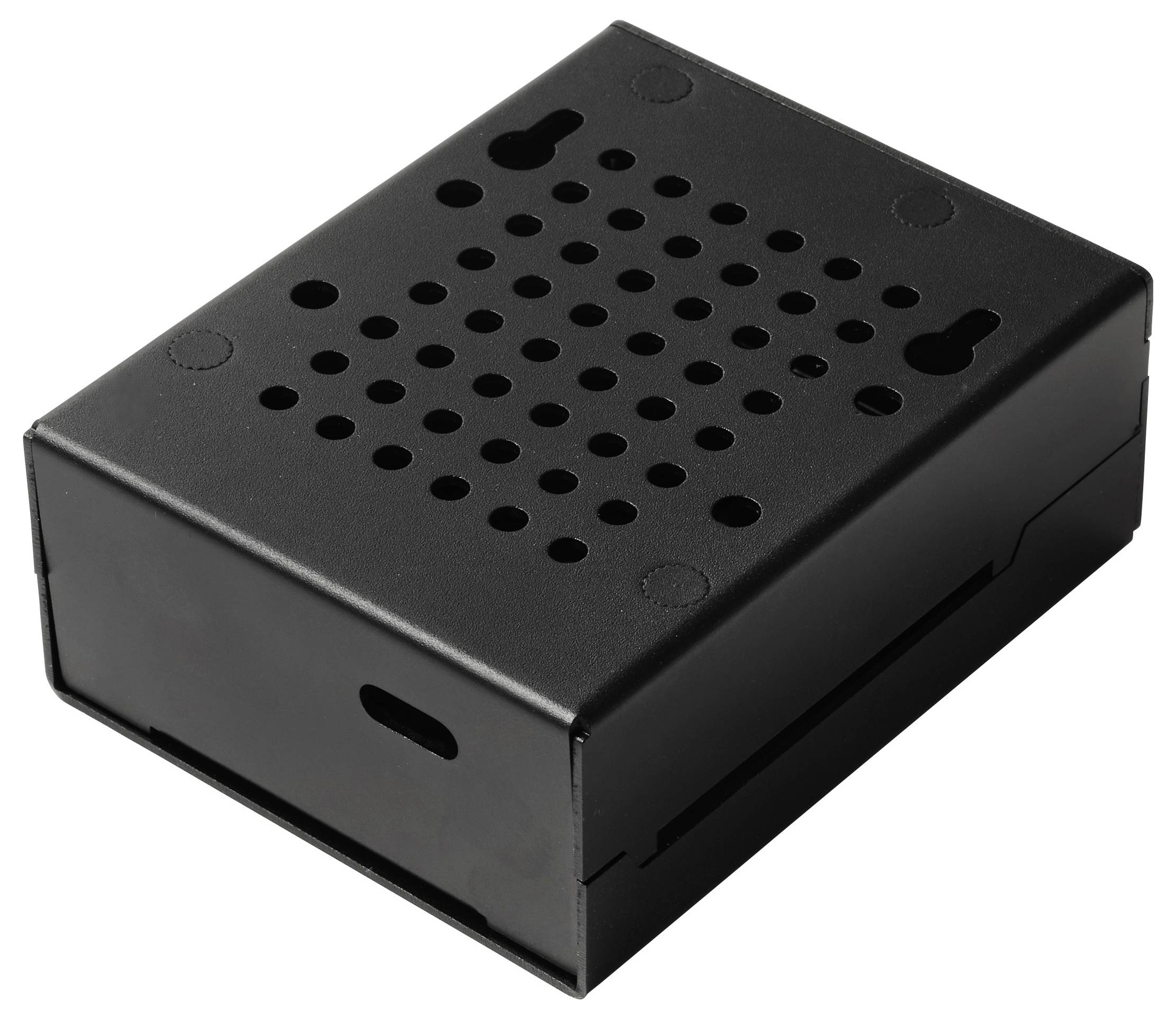 A black, rectangular electronic device case with ventilation holes on the top and mounting slots on the back.